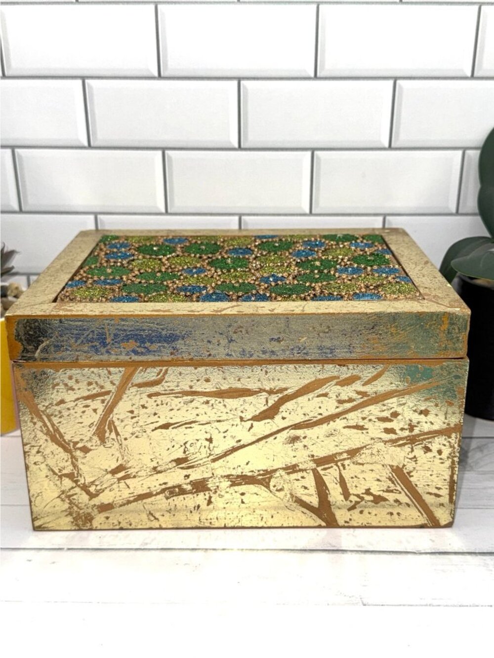 Boho Holiday Decorative Gold Box With Glittered Green & Blue Detailing - Picture 8 of 10